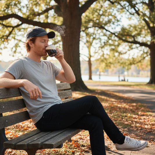 Man in navy baseball cap sipping coffee in park