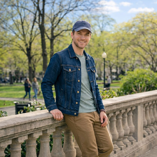 Man in washed effect blue cap and denim jacket 