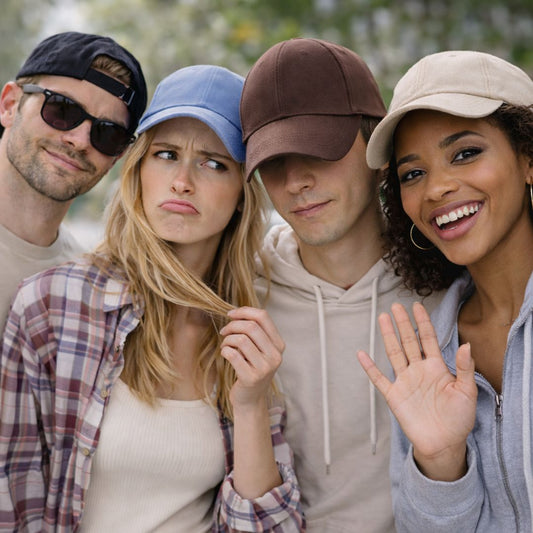 Four people in baseball caps smiling