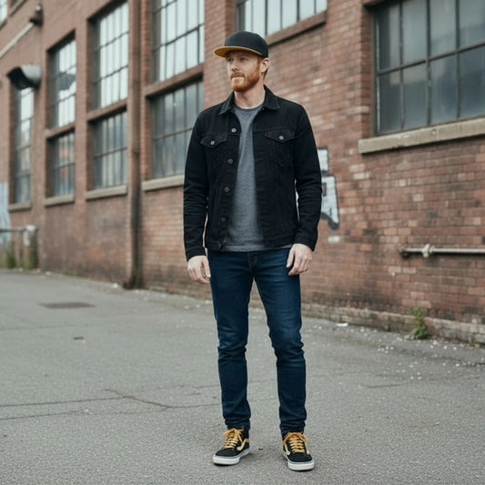 Man in black and yellow snapback cap 
