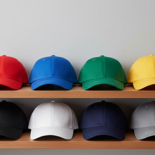 Colourful baseball caps on a shelf 