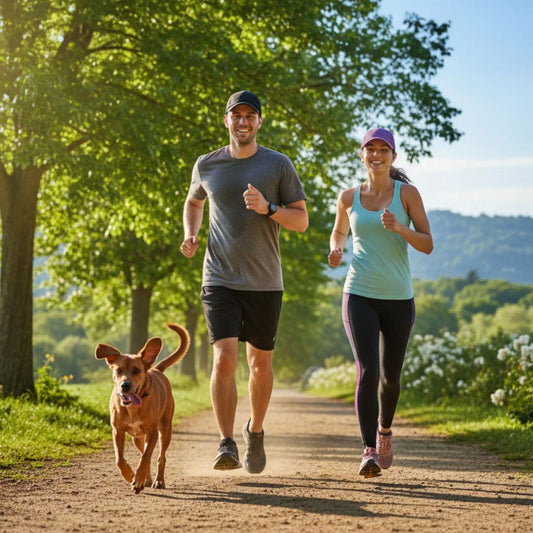 Man and woman in running caps with dog 