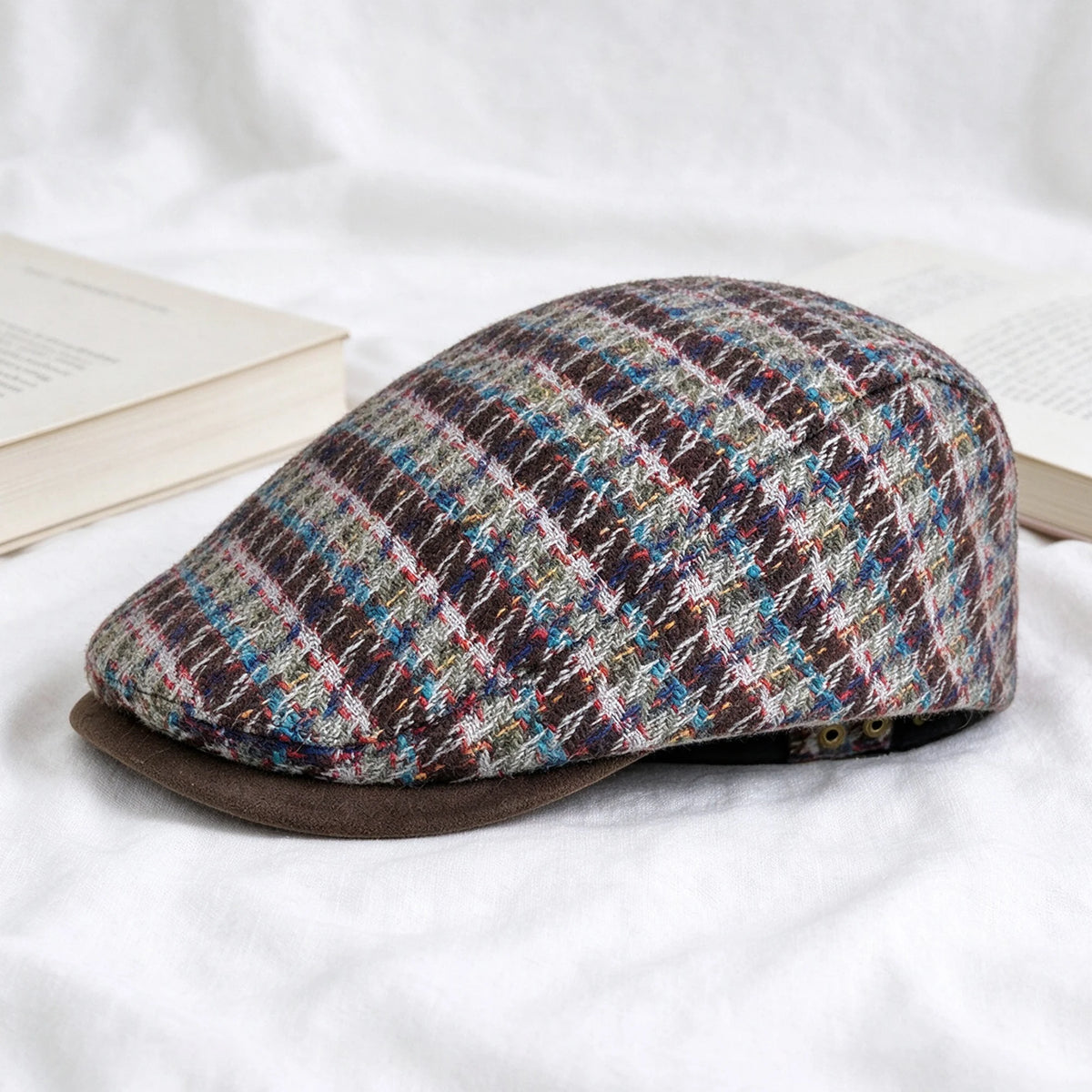 Burgundy and Green Check Flat Cap