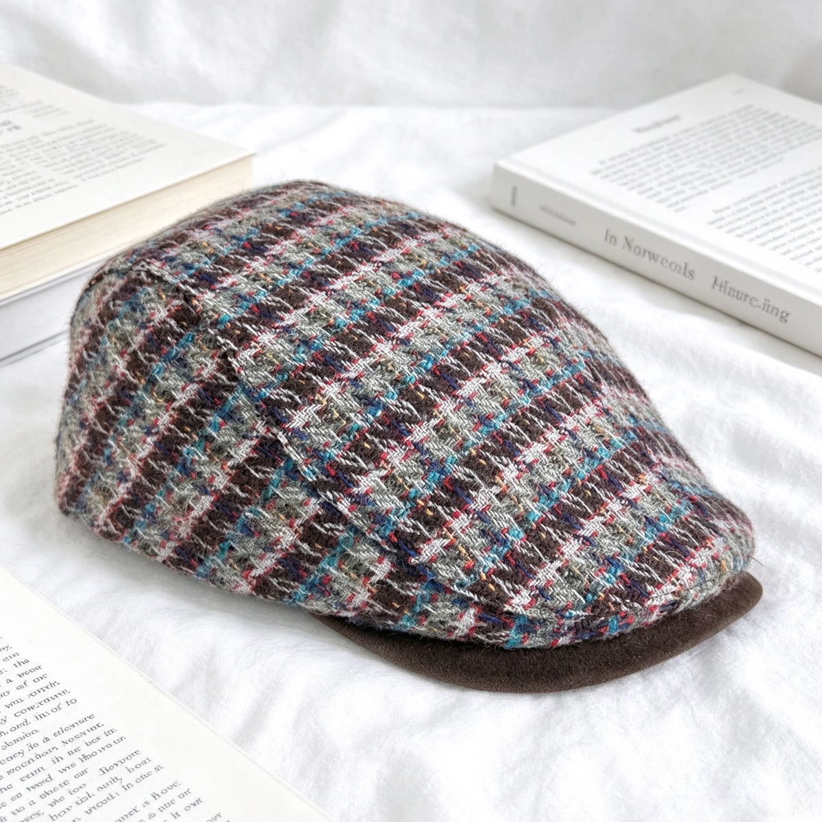 Burgundy and Green Check Flat Cap