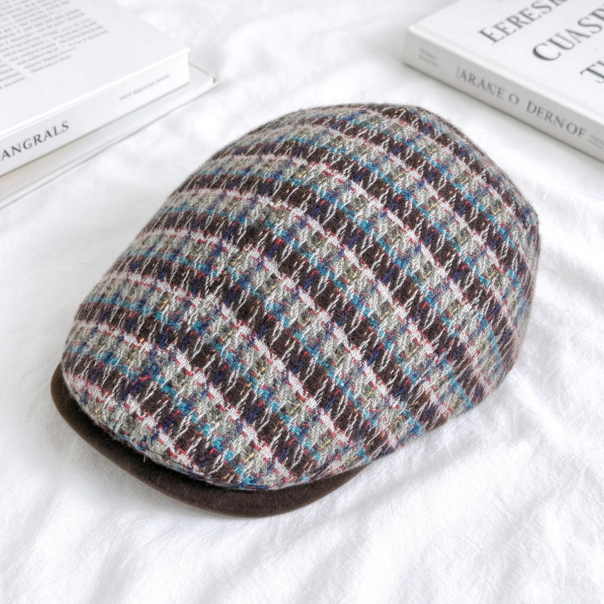 Burgundy and Green Check Flat Cap